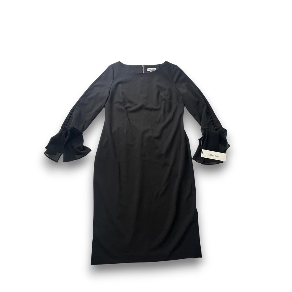 Calvin Klein Women Black Sheath Dress Bell Sleeve Chiffon Ruffle Cuff NWT Size 2